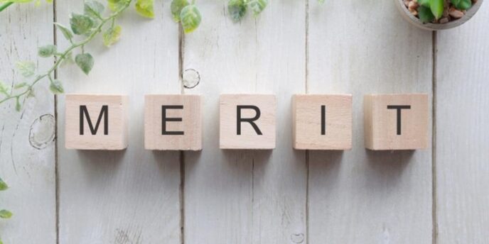 木製ブロックで「MERIT」と並べられた文字と観葉植物の背景