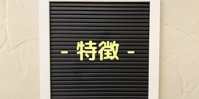 黒いボードに黄色い文字で「特徴」と表示されたシンプルな案内板