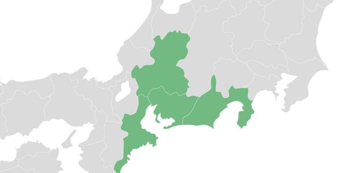 日本地図の中部地方(愛知、静岡、岐阜、三重、長野)が緑で示された図