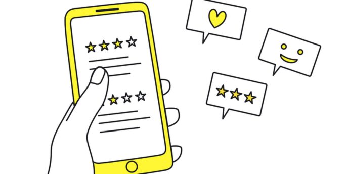 スマートフォンで星評価を確認する手のイラストとコメントアイコン。ユーザーのレビューや満足度を表現
