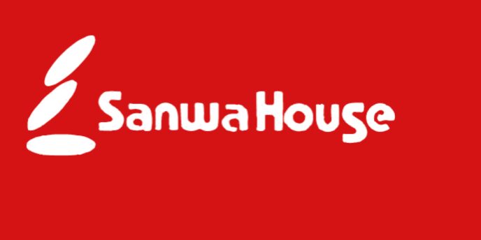 Sanwa Houseの白抜きロゴが赤背景に映えるブランドイメージ