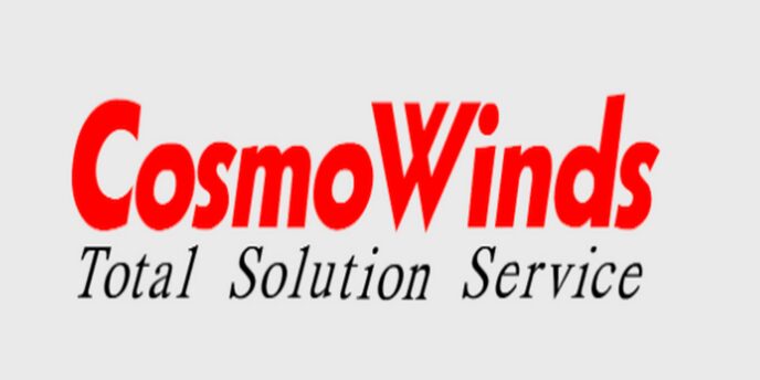 CosmoWindsのロゴと「Total Solution Service」のキャッチコピー。統合的なビジネスソリューションを提供する企業ブランドイメージ。