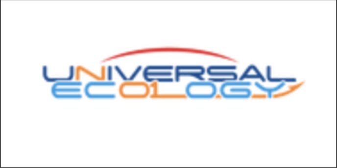 「UNIVERSAL ECOLOGYの企業ロゴ。青とオレンジの文字に赤いアーチが加わったデザイン」