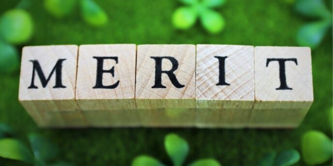 緑の芝生に並んだ「MERIT」の木製ブロックとクローバーの装飾
