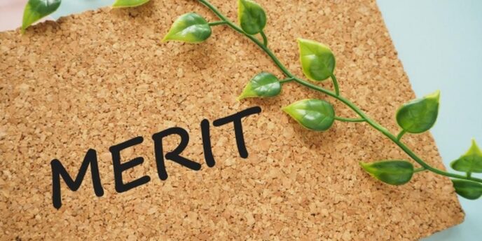 コルクボードに『MERIT』と書かれた写真、葉っぱが飾られている