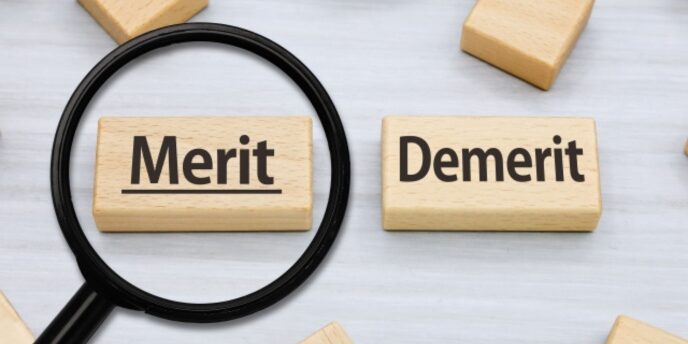 木製ブロックに「Merit」と「Demerit」が書かれた文字と虫眼鏡