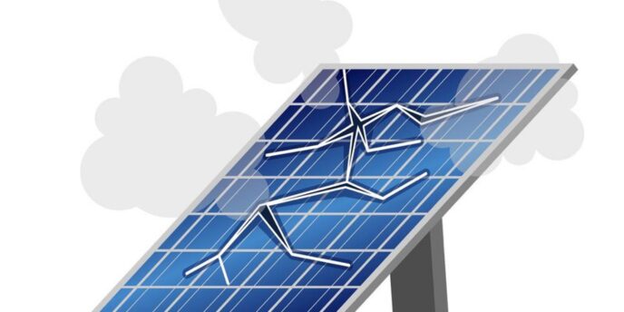 ひび割れた太陽光パネルと背景に立ちのぼる煙のイラスト