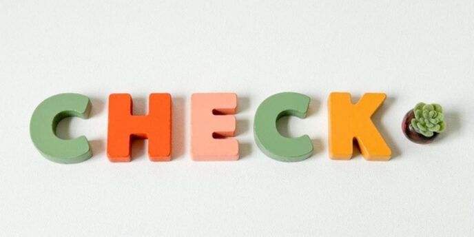 白背景に置かれたカラフルな「CHECK」の文字と小さな多肉植物。