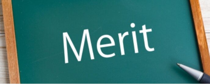 Meritと書かれた緑色の黒板とペン、利点や強みを示すイメージ