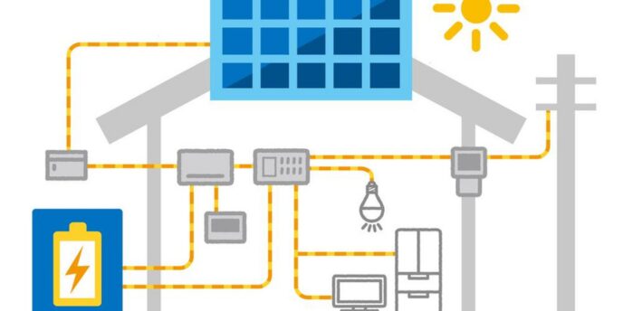 太陽光パネルから家庭内に電力が供給される仕組みを示す住宅のイラスト図解